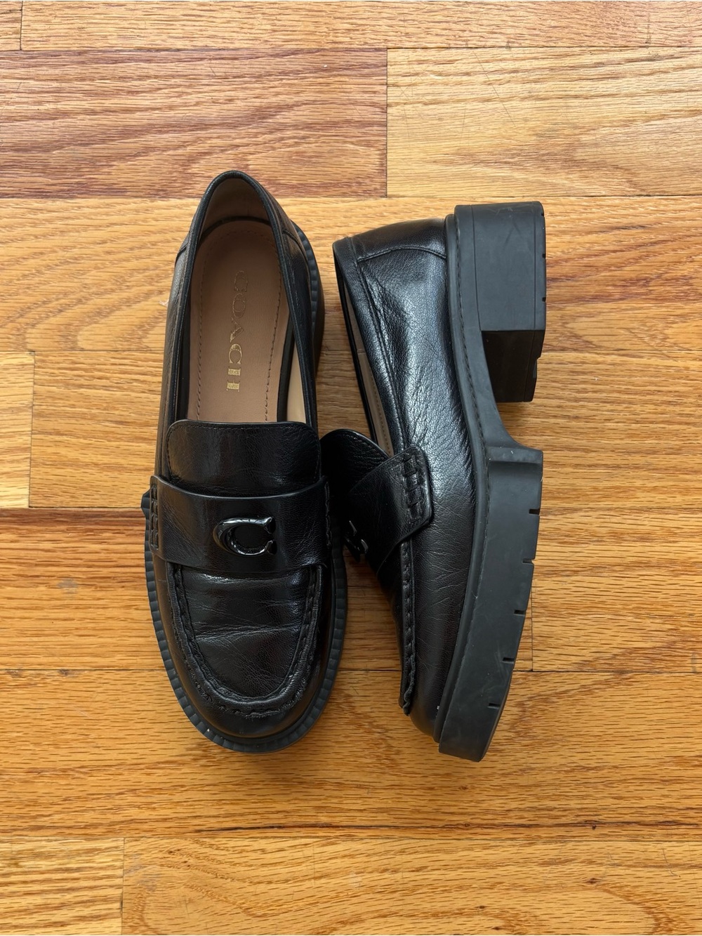 Coach Leah Loafers Black Leather Chunky Lug Sole Loafers